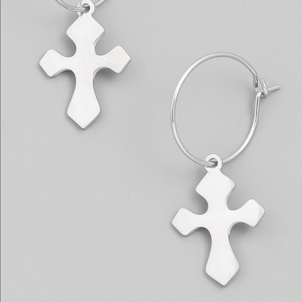 🌸NEW🌸Silver Tone Small Cross Hoop Earrings